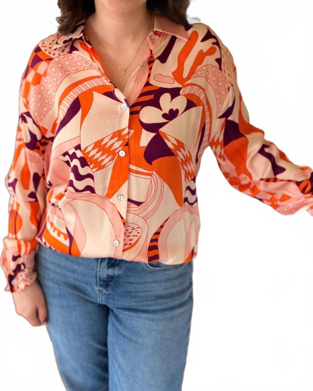 NEW FRNCH marley retro print blouse in orange multi